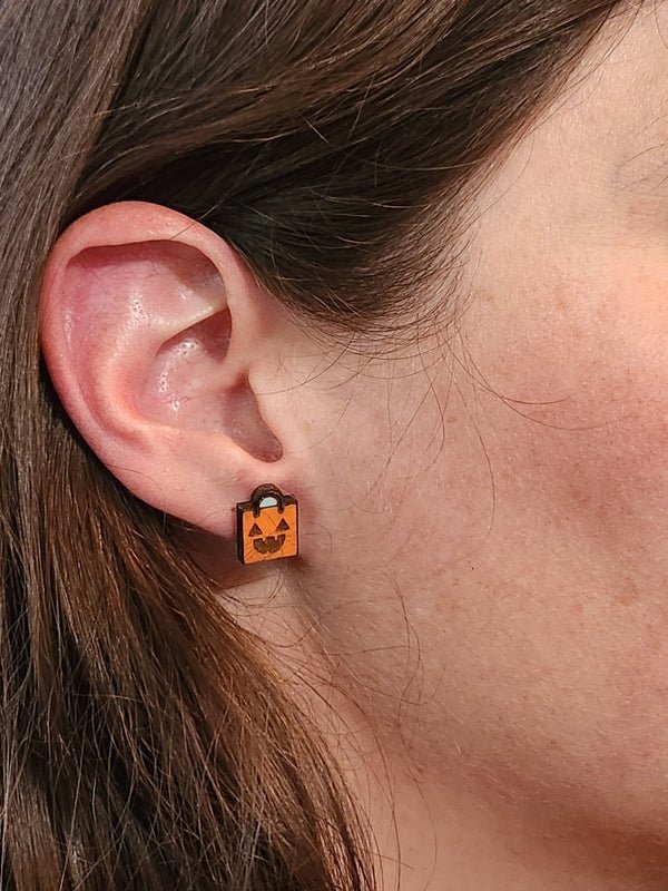 Trick or Treat Bag Wood Stud Earrings - Halloween Fashion Earring - Stud Earring - Charm and Char