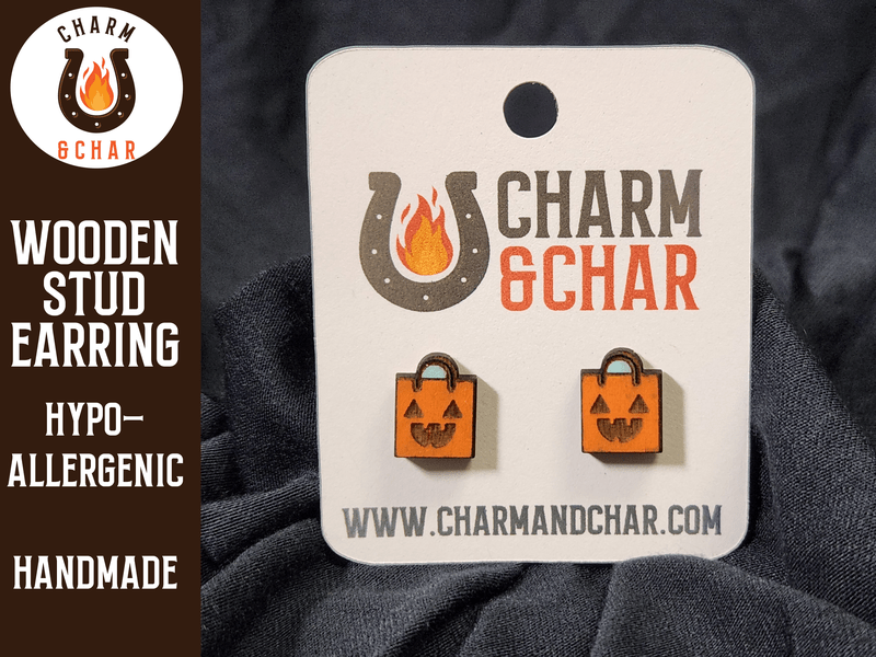 Trick or Treat Bag Wood Stud Earrings - Halloween Fashion Earring - Stud Earring - Charm and Char
