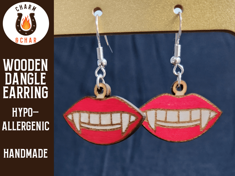 Vampire Fangs Wood Dangle Earrings - Halloween Fashion Earring - Dangle Earring - Charm and Char