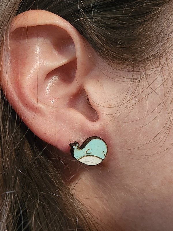 Whale Wood Stud Earrings - Animal Fashion Earring - Stud Earring - Charm and Char