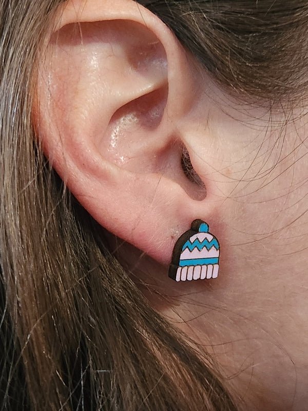 Winter Hat Wood Stud Earrings - Winter Fashion Earring - Stud Earring - Charm and Char
