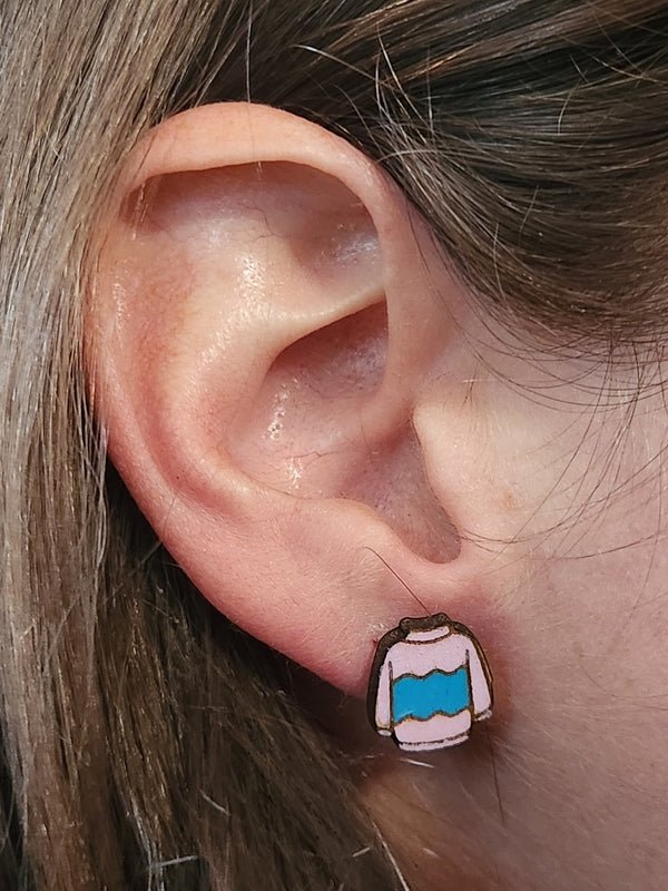 Winter Sweater Wood Stud Earrings - Winter Fashion Earring - Stud Earring - Charm and Char