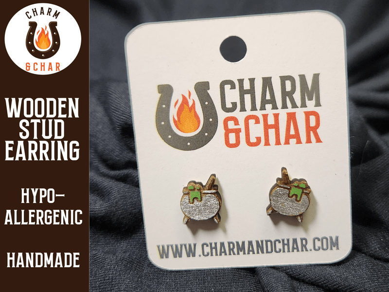 Witch's Cauldron Wood Stud Earrings - Halloween Fashion Earring - Stud Earring - Charm and Char